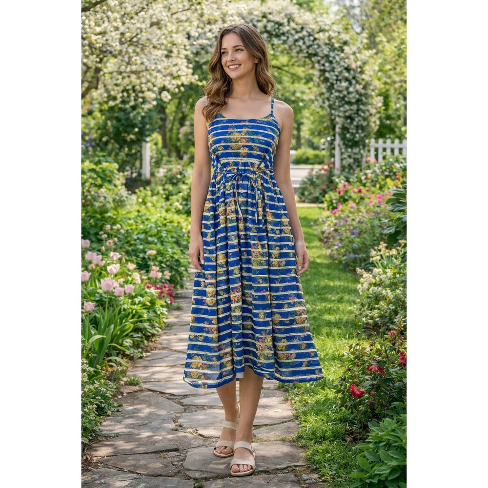 Lil Nina Blue Floral Striped Midi Dress Lace Trim Size M (E734)
